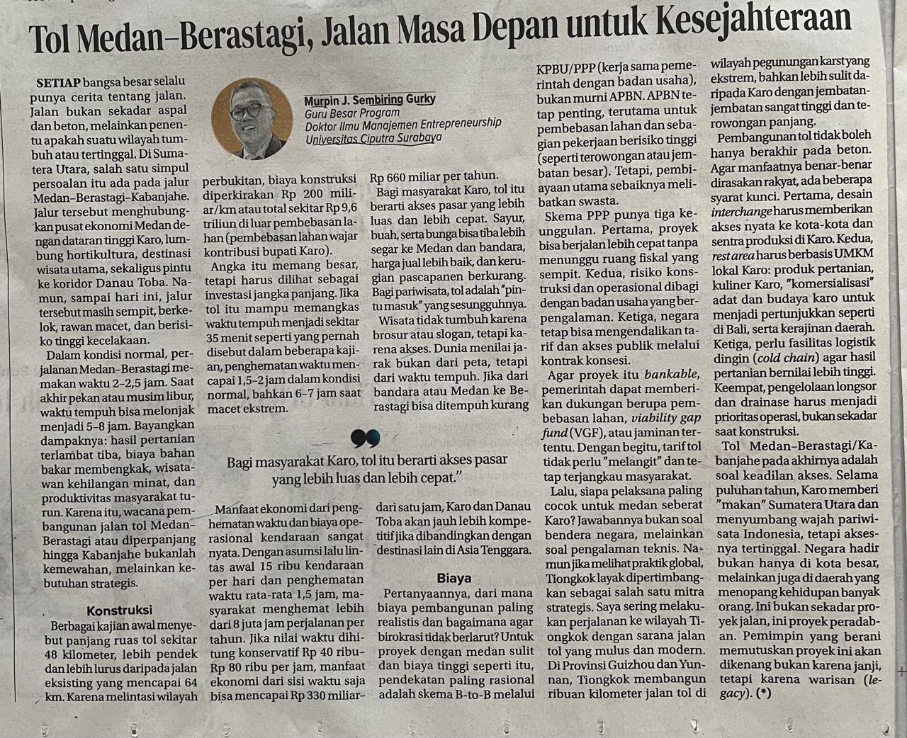 Tol Medan&ndash;Berastagi/Kabanjahe:  Jalan Masa Depan untuk Keadilan Akses dan Kesejahteraan